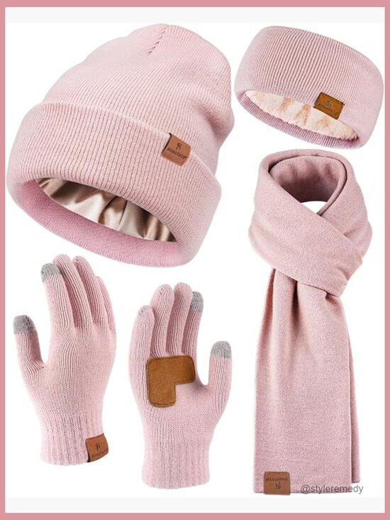 Fleece Lined Knit Beanie Hat Scarf Gloves Headband Set Touchscreen Gloves main image 7